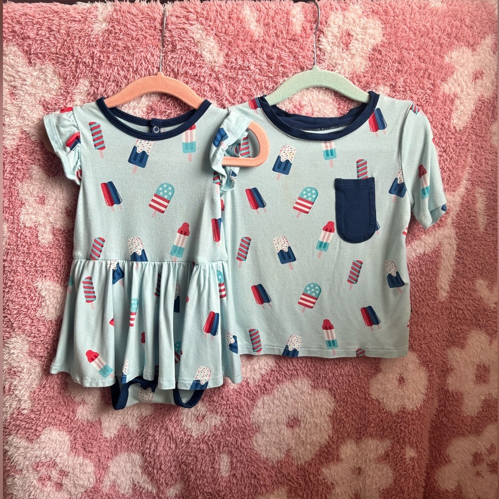 Kyte Baby Twirl Bodysuit Dress & Toddler Crew Neck Tee in Popsicle (4th OF JULY)